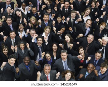 Elevated View Of Large Group Of Multiethnic Business People Cheering