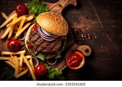 Elevated view of a mouth-watering hamburger with chips, set on a rustic surface with copy space.