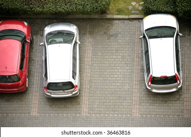 Elevated View Of Parked Cars In Parking Lot