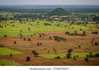 Elevated view of patchwork rice fields with scattered trees and a small forested hill near Phnom Kulen in rural Cambodia. Phnom Kulen, Cambodia - June 11, 2023