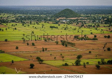 Elevated view of patchwork rice fields with scattered trees and a small forested hill near Phnom Kulen in rural Cambodia. Phnom Kulen, Cambodia - June 11, 2023