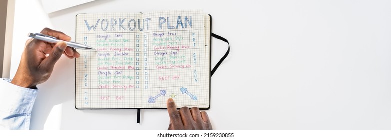 An Elevated View Of A Person Making Note Of Workout Plan On Notebook