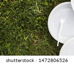 Elevated view of plastic plate and fork on grass at park