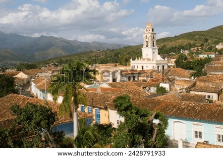 An elevated view of the terracotta roofs and the belltower of the iglesia y convento de san francisco, trinidad, unesco world heritage site, cuba, west indies, central america