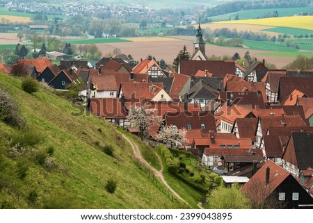 Elevated view of the town of Schwalenberg with its picturesque half-timbered houses, seen from the castle hill, Teutoburg Forest, Germany