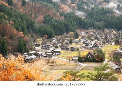 Elevated view of a traditional Japanese village with Gassho-style houses surrounded by rice fields and vibrant autumn trees. - Powered by Shutterstock