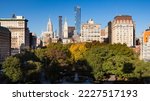 Elevated view of Union Square Park with surrounding skyscrapers in autumn. Manhattan, New York City