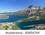 Elevated View of Waterton and Waterton Lakes from Mountain Trail - Waterton Lakes National Park, Alberta, Canada