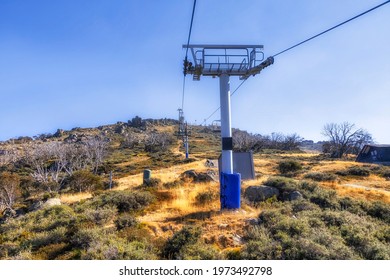 Elevating Chairlift Cableway From Thredbo Village And Valley Up To Mount Kosciuszko Of The Snowy Mountains, Australia.