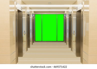 Elevator Cabin Stainless Steel And  Green Screen Background