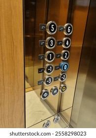 elevator control panel with buttons for floors ranging from -2 to 6, including braille markings and additional buttons for door operations and emergency.