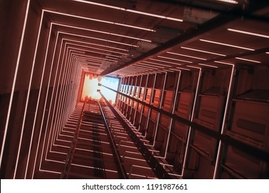 Elevator corridor in the building lit by red elumination. Futuristic elevator shaft is located in a high tower. Lift shaft in a residential building. Abstract, background. Bottom view. - Shutterstock ID 1191987661