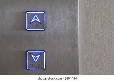 Elevator Direction Control Buttons, Up, Down, Illuminated Neon Blue