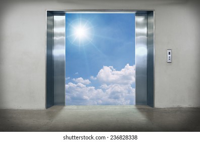 Elevator Doors Open To The Blue Sky.