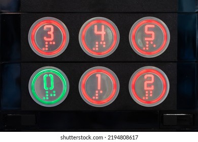 Elevator Floor Buttons On Lift Control Panel At Mall, Hotel Or Business Center - Close Up View. Technology And Transportation Concept