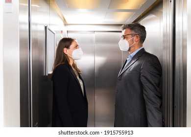 Elevator Pitch. Speech And Lift Conversation In Face Mask