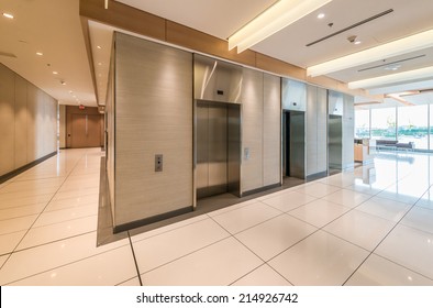 Elevators In The Modern Lobby, Hallway Of The Luxury Hotel, Business Center, Shopping Mall In Vancouver, Canada. Interior Design.