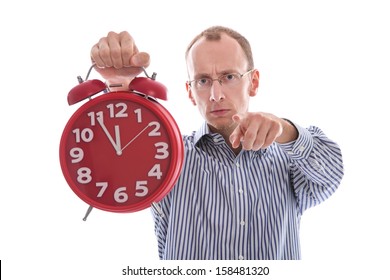 Eleventh hour - stressed man pointing at camera isolated on white background