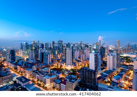 Eleveted, night view of Makati, the business district of Metro Manila. 