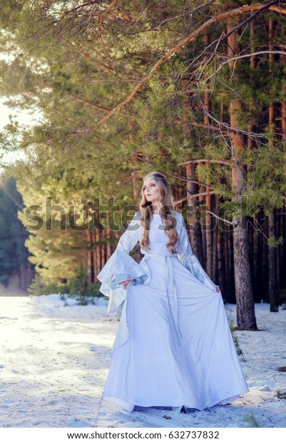 Elf Girl White Dress Horse Snow Stock Photo Edit Now 632737832