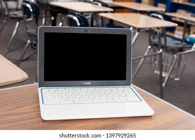 Elgin, Illinois - Circa 2019: An HP Chromebook In A Classroom. 