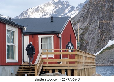 Eliassen Rorbuer Resort In Hamnoy Reine Moskenes Lofoten Norway On March 16, 2022 Red Cabin Over The Fjord.