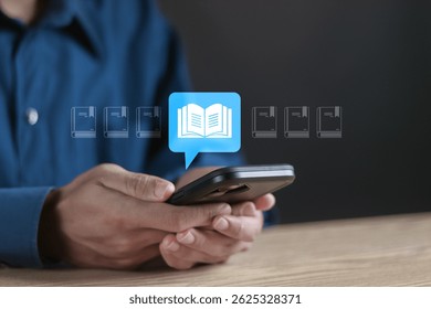 E-library concept. Knowledge base on internet, digital library or e-library. Person using smartphone with Ebook icons for electronic books online.