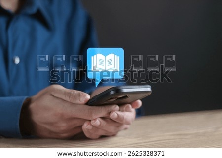 E-library concept. Knowledge base on internet, digital library or e-library. Person using smartphone with Ebook icons for electronic books online.