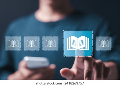 E-library concept. Person use smartphone and hand touch with virtual Ebook icons for electronic books online, knowledge base on internet, digital library or e-library.