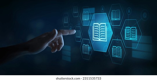 e-library, many e-book icons, electronic books online, knowledge base on internet, digital library or e-library - Shutterstock ID 2311535733