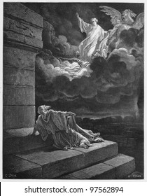 Elijah ascends to Heaven in a chariot of fire -  Picture from The Holy Scriptures, Old and New Testaments books collection published in 1885, Stuttgart-Germany. Drawings by Gustave Dore.