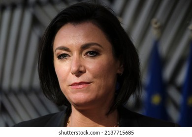  Elisabeth KOSTINGER, Federal Minister For Agriculture Of Austria Makes A Statement As She Arrives For An EU Agriculture Council Meeting At The EU Headquarters In Brussels On March 21, 2022. 