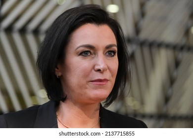  Elisabeth KOSTINGER, Federal Minister For Agriculture Of Austria Makes A Statement As She Arrives For An EU Agriculture Council Meeting At The EU Headquarters In Brussels On March 21, 2022. 