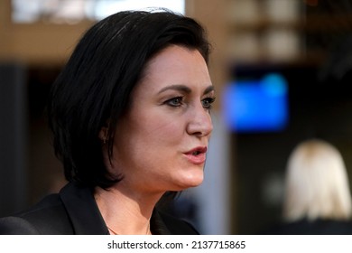  Elisabeth KOSTINGER, Federal Minister For Agriculture Of Austria Makes A Statement As She Arrives For An EU Agriculture Council Meeting At The EU Headquarters In Brussels On March 21, 2022. 