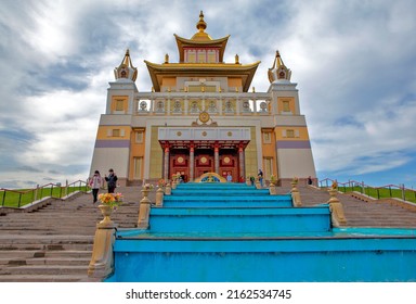 ELISTA, RUSSIA - APRIL 23, 2022: Photo of Fountain at the Buddhist temple "Golden Abode of Buddha Shakyamuni".