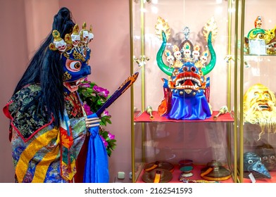 ELISTA, RUSSIA - APRIL 23, 2022: Photo of Costume for the ancient Buddhist ceremony "Tsam". Exhibit in the Museum of the History of Buddhism. Buddhist Temple "Golden Abode of Buddha Shakyamuni".