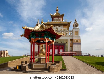 ELISTA, RUSSIA - APRIL 23, 2022: Photo of statue of Dipankara Shri Jnana-Atish and the Buddhist temple "Golden Abode of Buddha Shakyamuni".