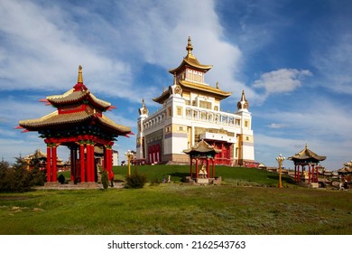 ELISTA, RUSSIA - APRIL 23, 2022: Photo of Buddhist Temple "Golden Abode of Buddha Shakyamuni".