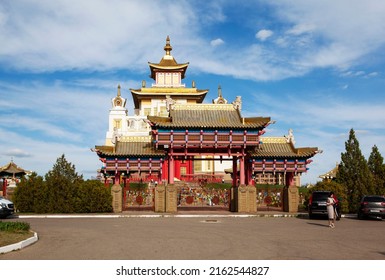 ELISTA, RUSSIA - APRIL 23, 2022: Photo of Gate to the Buddhist temple "Golden Abode of Buddha Shakyamuni".