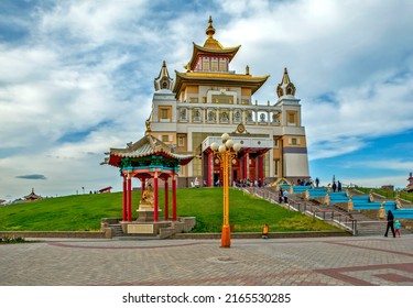ELISTA, RUSSIA - APRIL 23, 2022: Photo of Buddhist Temple "Golden Abode of Buddha Shakyamuni".