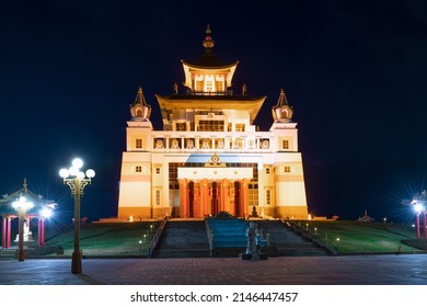 ELISTA, RUSSIA - SEPTEMBER 20, 2021: Buddhist temple "Golden Abode of Buddha Shakyamuni" on September night