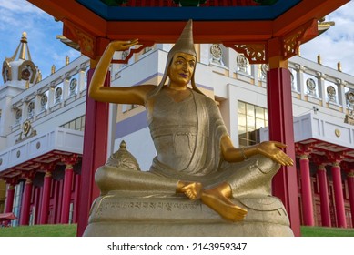 ELISTA, RUSSIA - SEPTEMBER 21, 2021: The statue of the Buddhist great teacher close-up at the Buddhist temple "Golden Abode of Buddha Shakyamuni"