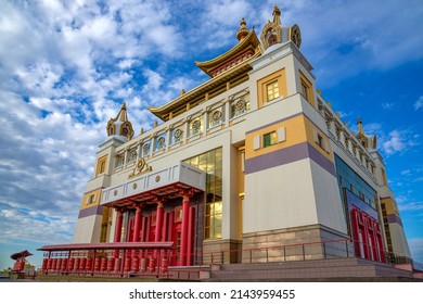 ELISTA, RUSSIA - SEPTEMBER 21, 2021: Buddhist temple "Golden Abode of Buddha Shakyamuni" close-up
