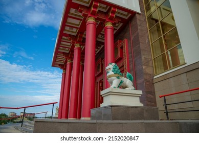 ELISTA, RUSSIA - SEPTEMBER 21, 2021: At the main entrance in the Buddhist temple "Golden Abode of Buddha Shakyamuni"