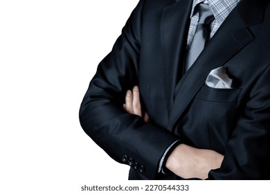 Elite businessman in a luxury custom-made suit against a white background.