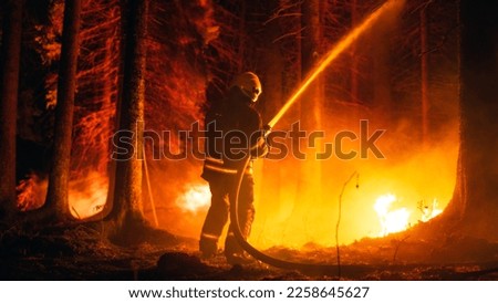Elite Firefighter Methodically Extinguishing a Large Forest Fire with High-Pressure Water Running From Firehose. Firemen Brigade Rescuing Wildland from Uncontrollable Arson.