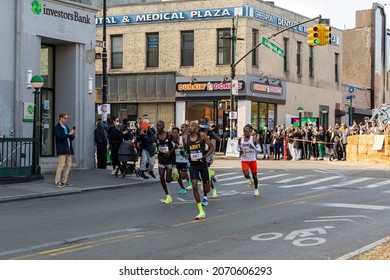 Elite Kenyan Runners On Greenpoint Avenue At Manhattan Avenue Leading The New York City Marathon - Brooklyn, NY  USA - November 7th, 2021