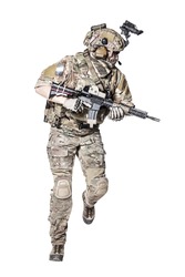 Elite Member Of US Army Rangers In Combat Uniforms With His Shirt Sleeves Rolled Up, In Helmet, Eyewear And Night Vision Goggles, Running In Action Turning Around. Studio Shot, White Background