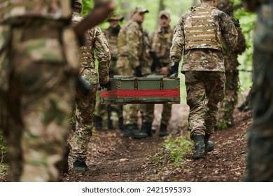 Elite military unit, cloaked in camouflage, transports a crate of ammunition through the dense forest, epitomizing strategic readiness and precision in their covert mission