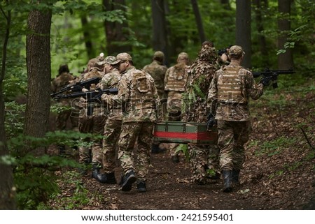 Elite military unit, cloaked in camouflage, transports a crate of ammunition through the dense forest, epitomizing strategic readiness and precision in their covert mission